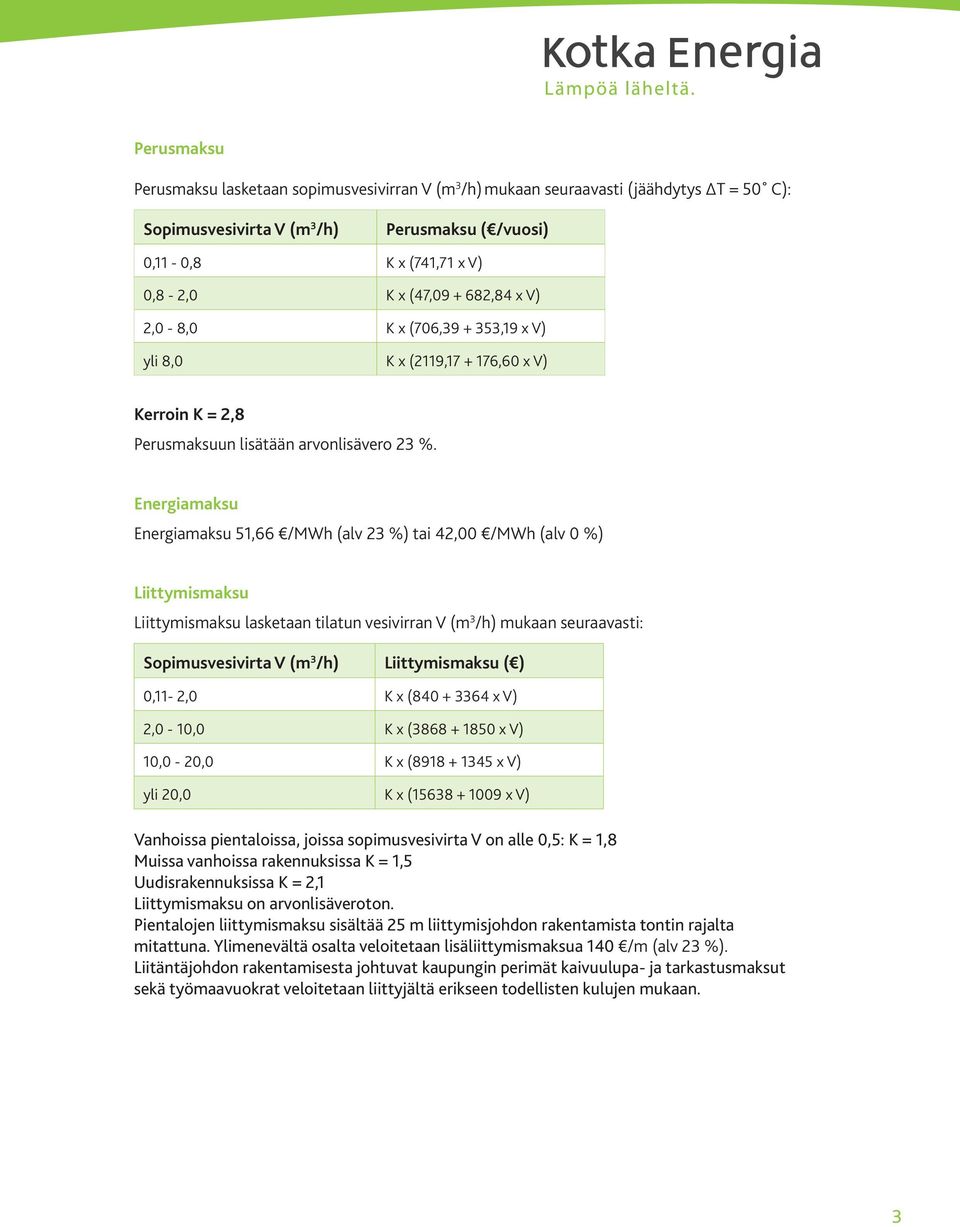 Energiamaksu Energiamaksu 51,66 /MWh (alv 23 %) tai 42,00 /MWh (alv 0 %) Liittymismaksu Liittymismaksu lasketaan tilatun vesivirran V () mukaan seuraavasti: V () Liittymismaksu ( ) 0,11-2,0 K x (840