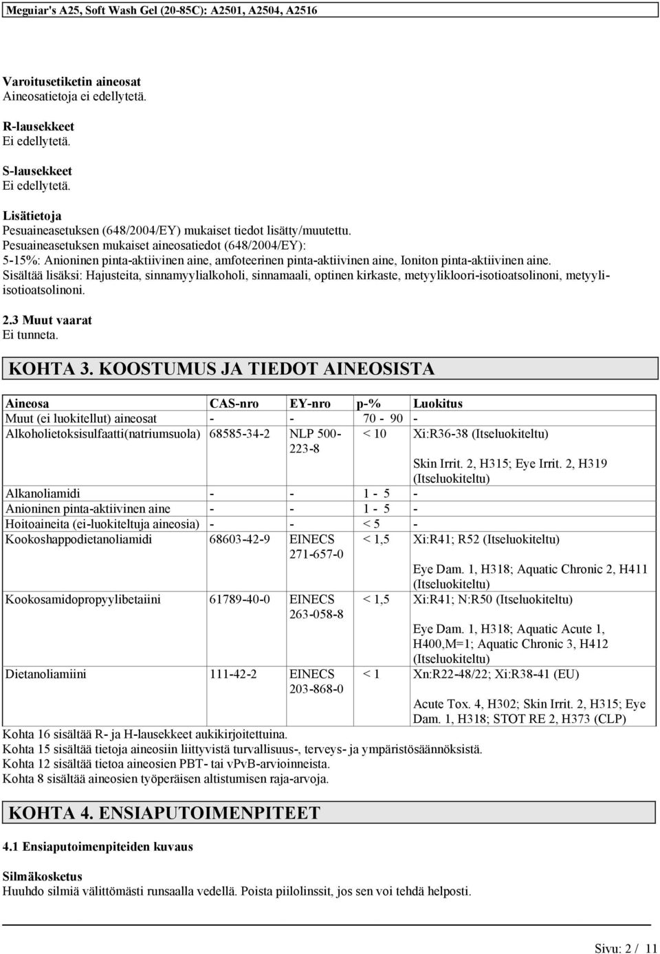 Sisältää lisäksi: Hajusteita, sinnamyylialkoholi, sinnamaali, optinen kirkaste, metyylikloori-isotioatsolinoni, metyyliisotioatsolinoni. 2.3 Muut vaarat Ei tunneta. KOHTA 3.