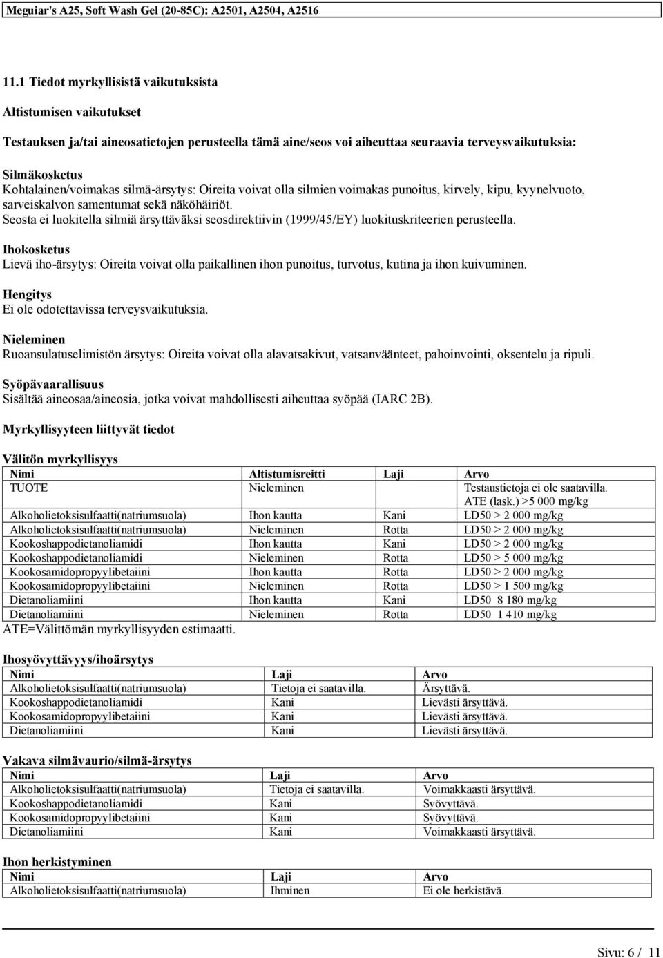 Seosta ei luokitella silmiä ärsyttäväksi seosdirektiivin (1999/45/EY) luokituskriteerien perusteella.