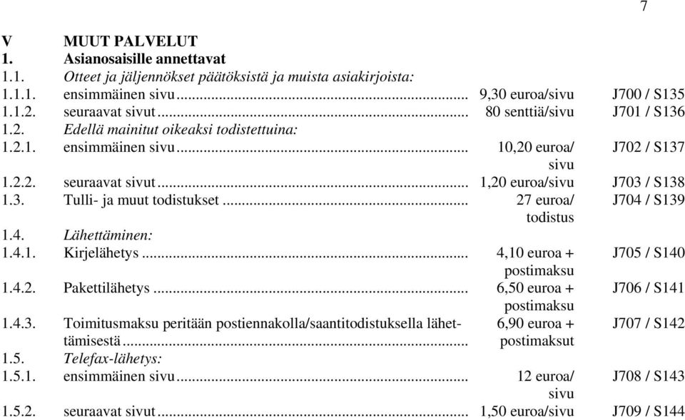 .. 27 euroa/ J704 / S139 todistus 1.4. Lähettäminen: 1.4.1. Kirjelähetys... 4,10 euroa + J705 / S140 posti 1.4.2. Pakettilähetys... 6,50 euroa + J706 / S141 posti 6,90 euroa + postit 1.4.3. Toimitus peritään postiennakolla/saantitodistuksella lähettämisestä.