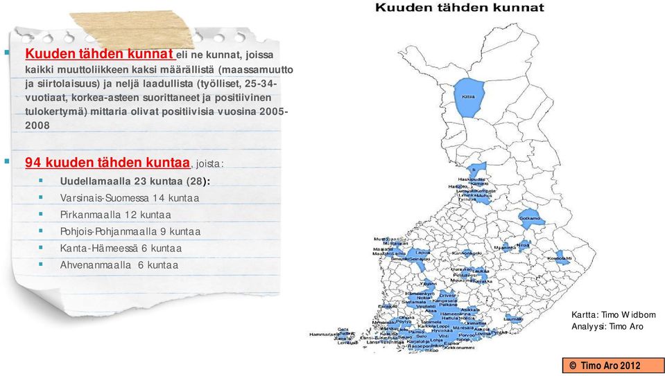 positiivisia vuosina 2005-2008 94 kuuden tähden kuntaa, joista: Uudellamaalla 23 kuntaa (28): Varsinais-Suomessa 14 kuntaa