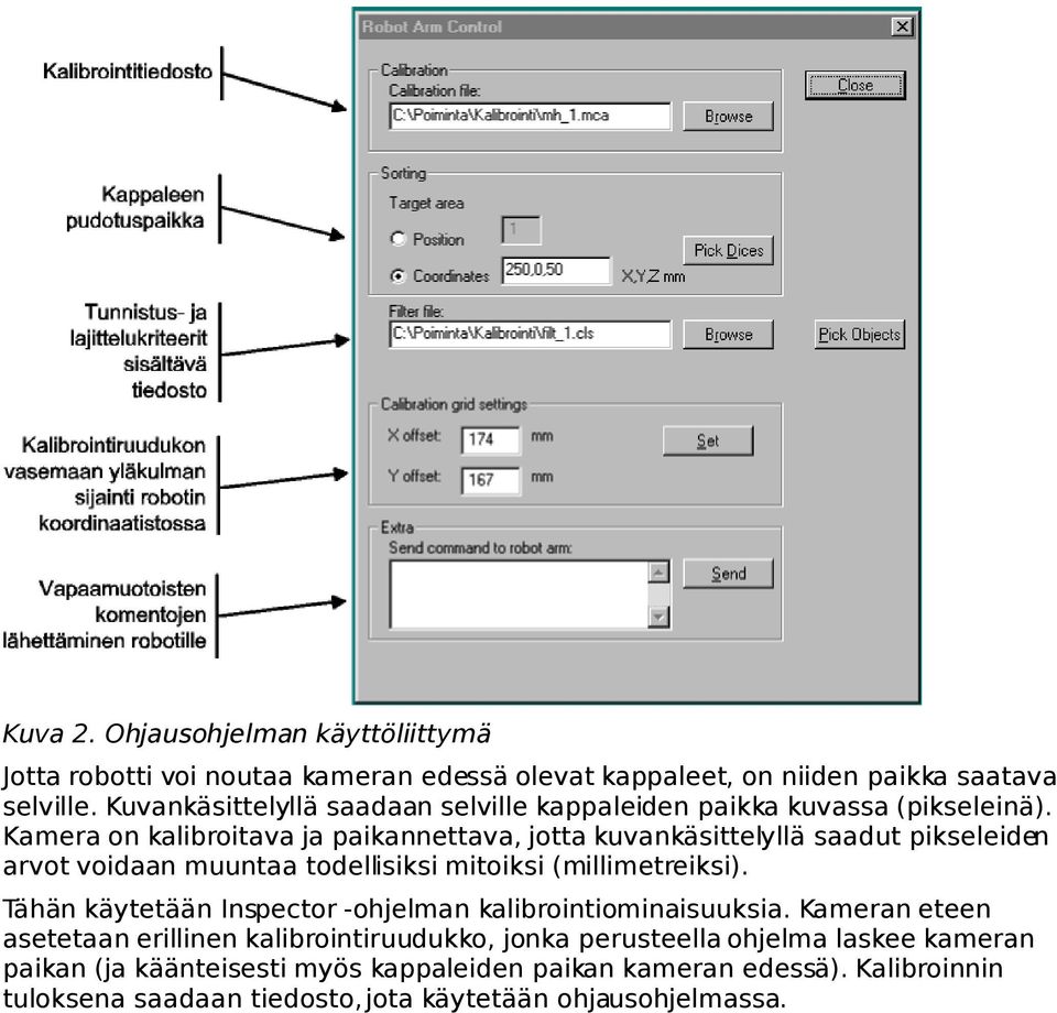 Kamera on kalibroitava ja paikannettava, jotta kuvankäsittelyllä saadut pikseleiden arvot voidaan muuntaa todellisiksi mitoiksi (millimetreiksi).