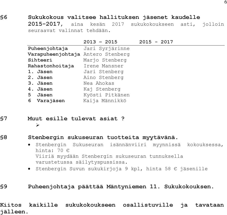 Jäsen Nea Ahokas 4. Jäsen Kaj Stenberg 5 Jäsen Kyösti Pitkänen 6 Varajäsen Kaija Männikkö 7 Muut esille tulevat asiat? 8 Stenbergin sukuseuran tuotteita myytävänä.