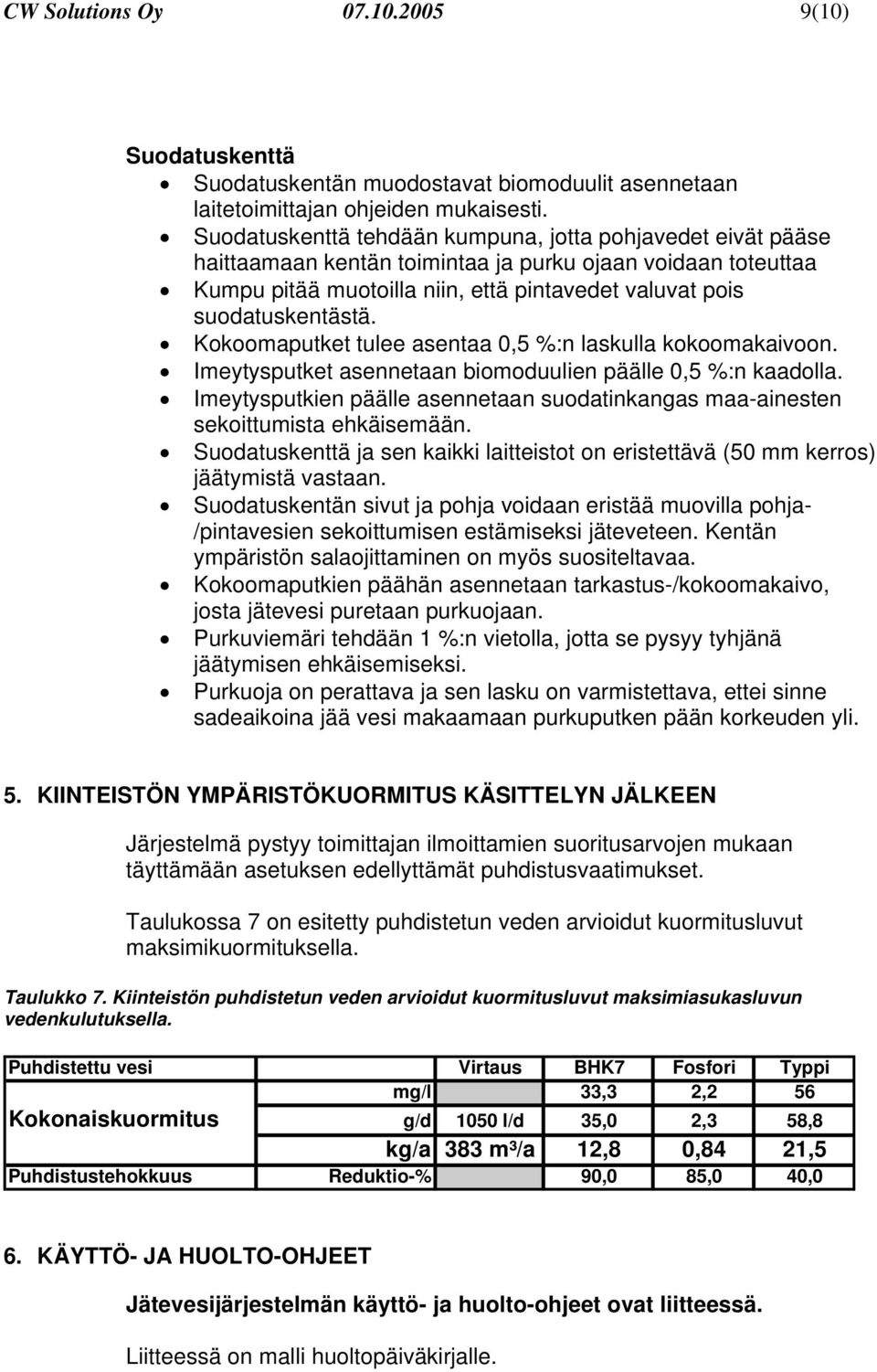 Kokoomaputket tulee asentaa 0,5 %:n laskulla kokoomakaivoon. Imeytysputket asennetaan biomoduulien päälle 0,5 %:n kaadolla.