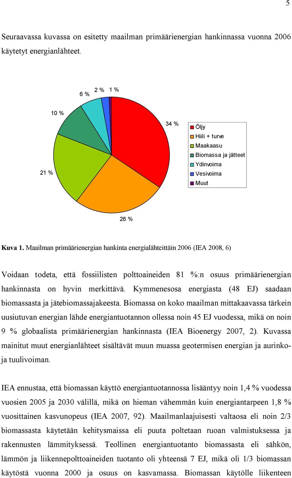 Maailman primäärienergian hankinta energialähteittäin 2006 (IEA 2008, 6) Voidaan todeta, että fossiilisten polttoaineiden 81 %:n osuus primäärienergian hankinnasta on hyvin merkittävä.