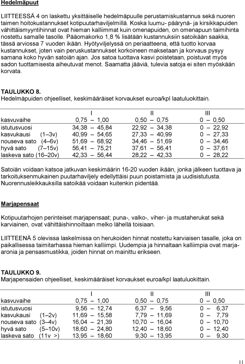 Pääomakorko 1,8 % lisätään kustannuksiin satoikään saakka, tässä arviossa 7 vuoden ikään.