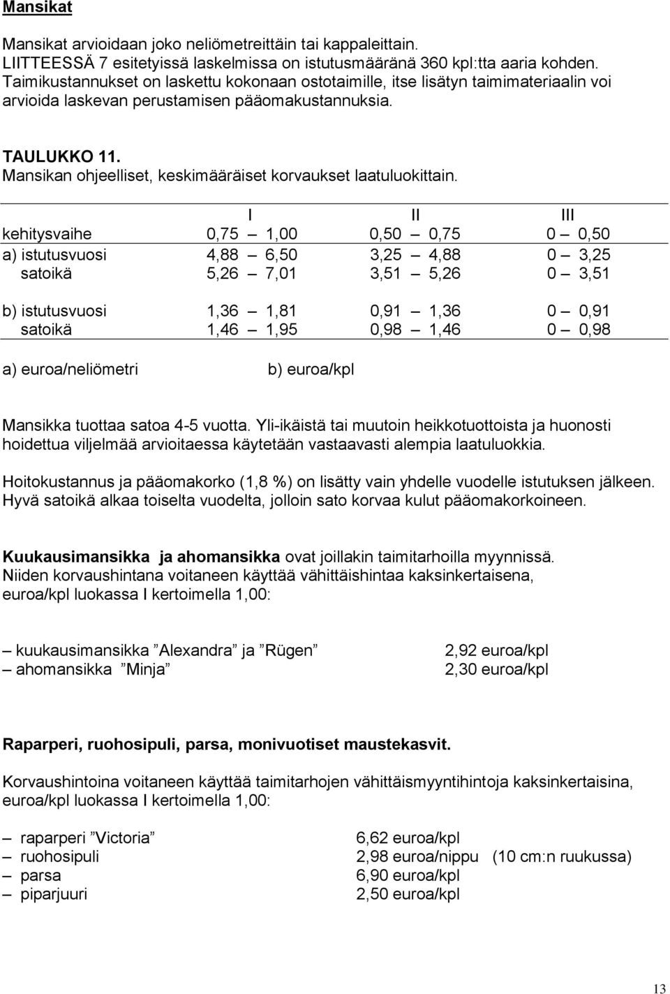 Mansikan ohjeelliset, keskimääräiset korvaukset laatuluokittain.