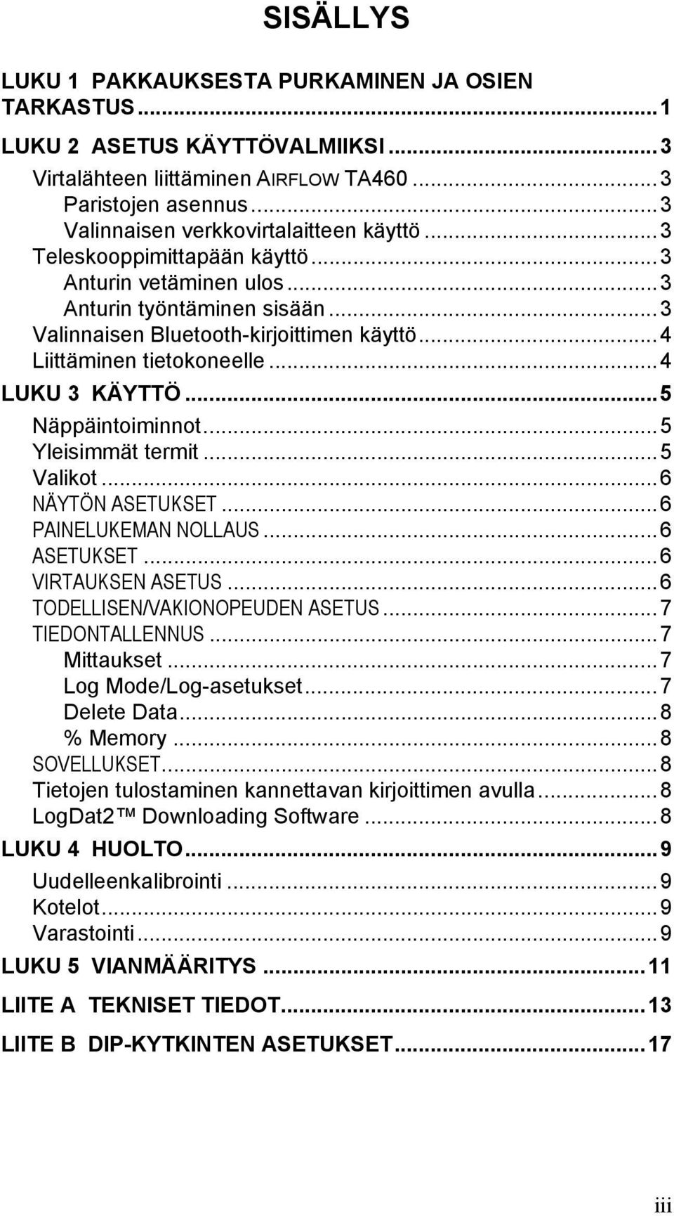 ..5 Näppäintoiminnot...5 Yleisimmät termit...5 Valikot...6 NÄYTÖN ASETUKSET...6 PAINELUKEMAN NOLLAUS...6 ASETUKSET...6 VIRTAUKSEN ASETUS...6 TODELLISEN/VAKIONOPEUDEN ASETUS...7 TIEDONTALLENNUS.