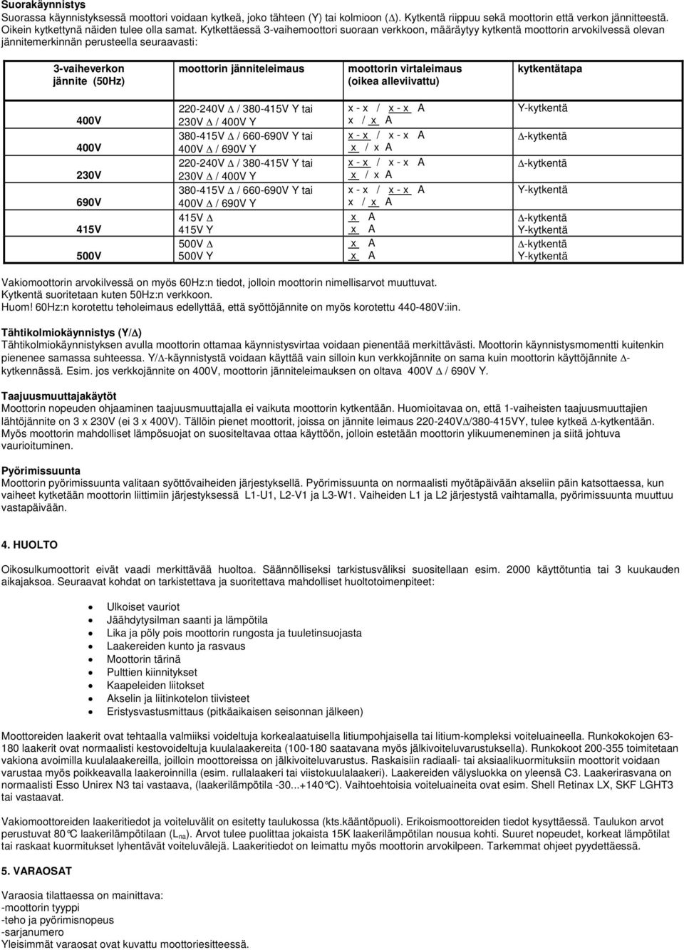 moottorin virtaleimaus (oikea alleviivattu) kytkentätapa 0V 0V 2V 690V 415V 500V 2-2V / 380-415V Y tai 2V / 0V Y 380-415V / 660-690V Y tai 0V / 690V Y 2-2V / 380-415V Y tai 2V / 0V Y 380-415V /