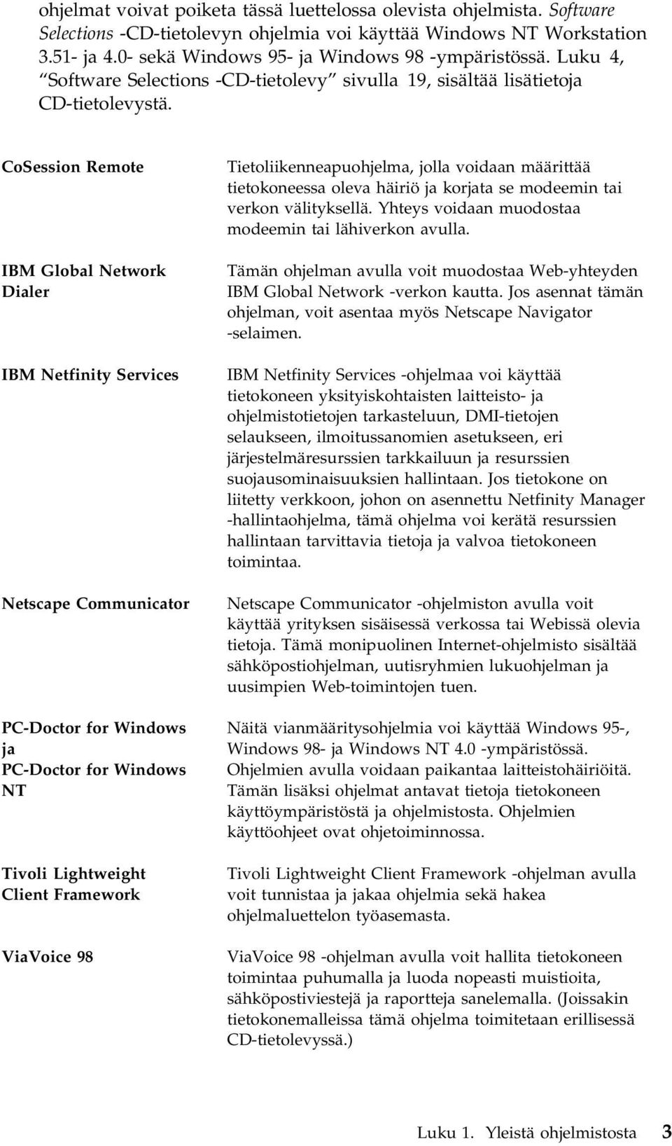 CoSession Remote IBM Global Network Dialer IBM Netfinity Services Netscape Communicator PC-Doctor for Windows ja PC-Doctor for Windows NT Tivoli Lightweight Client Framework ViaVoice 98