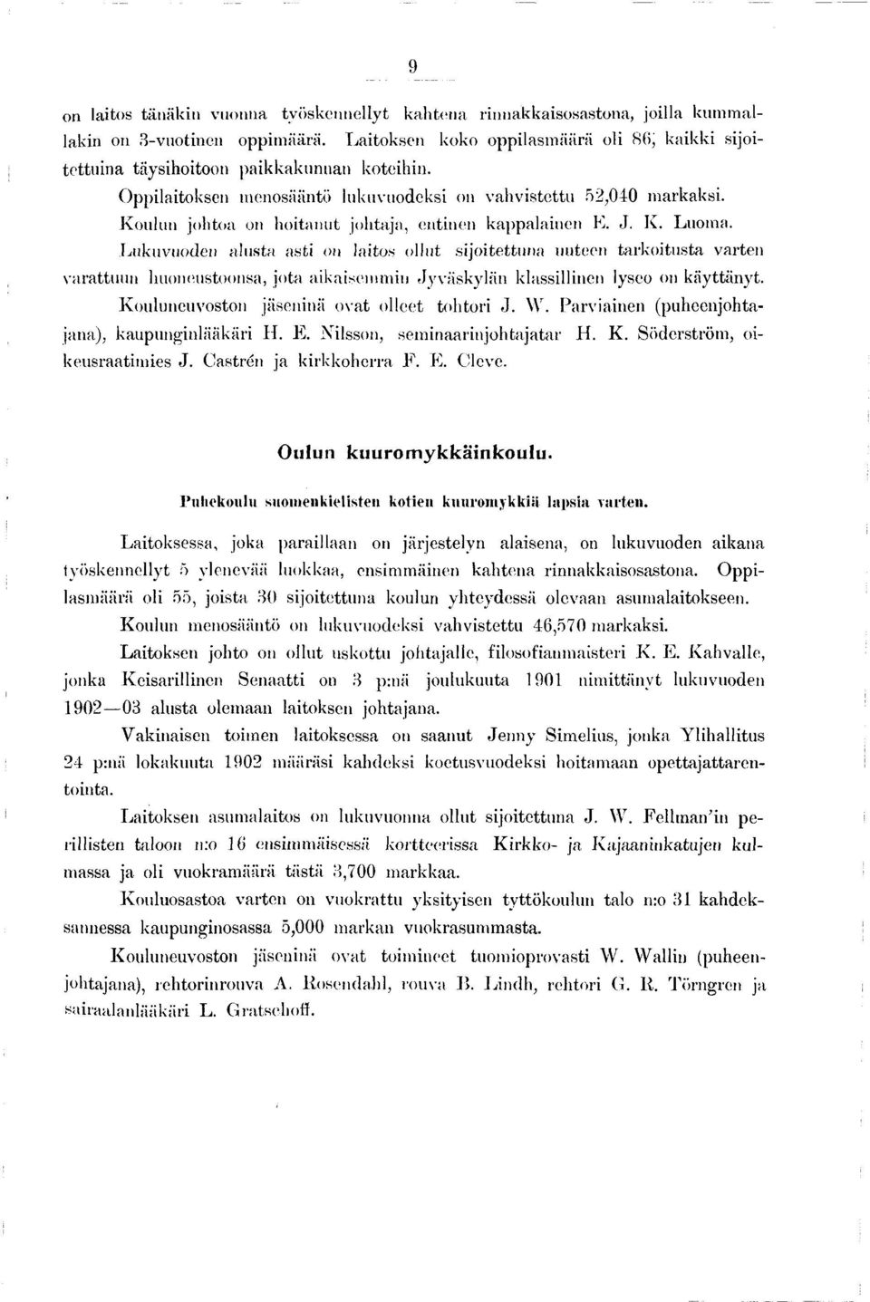 Koulun johtoa on hoitanut johtaja, entinen kappalainen K. J. K. Luoma.
