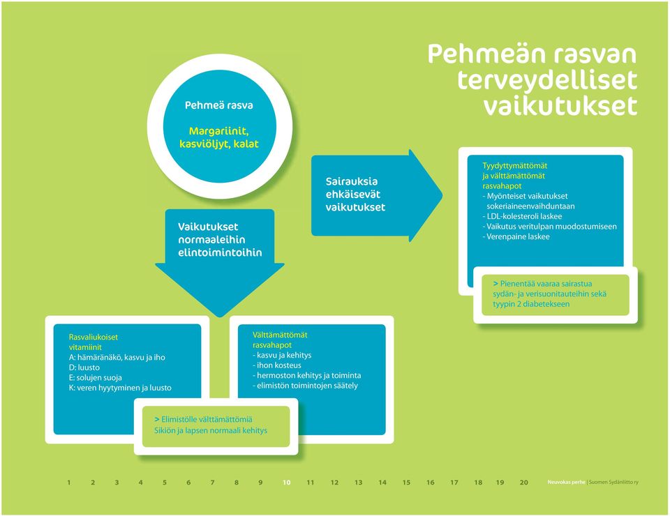 laskee > Pienentää vaaraa sairastua sydän- ja verisuonitauteihin sekä Rasvaliukoiset vitamiinit A: hämäränäkö, kasvu ja iho D: luusto E: solujen suoja K: veren hyytyminen ja