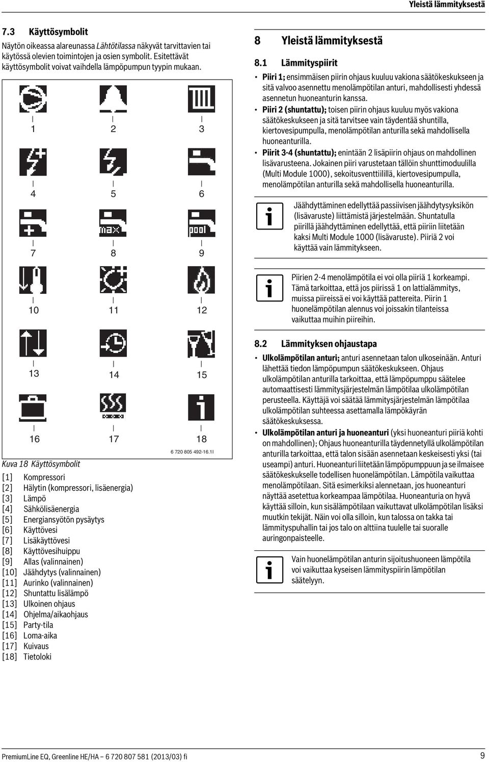 1 Lämmityspiirit Piiri 1; ensimmäisen piirin ohjaus kuuluu vakiona säätökeskukseen ja sitä valvoo asennettu menolämpötilan anturi, mahdollisesti yhdessä asennetun huoneanturin kanssa.