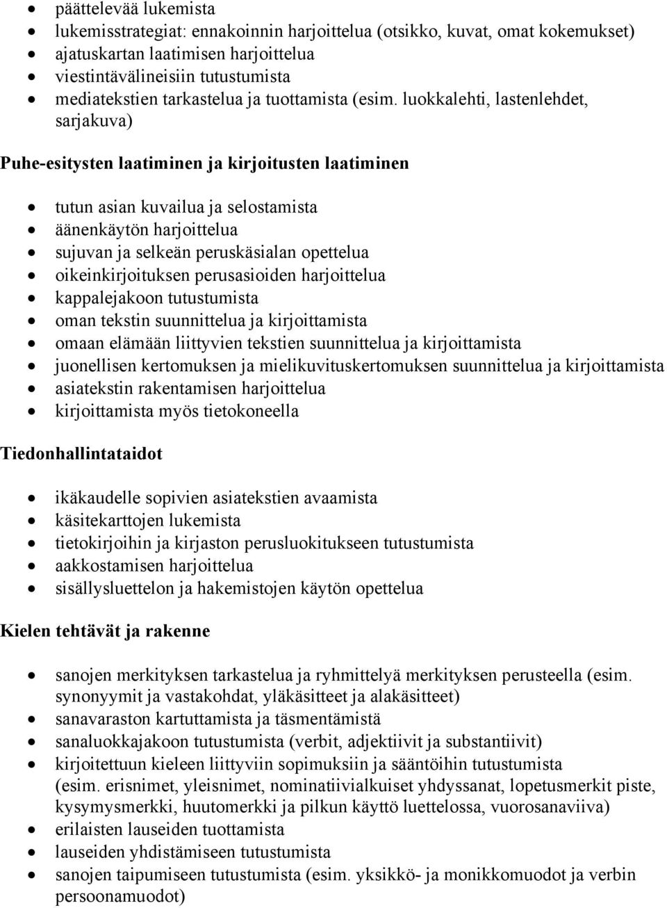 luokkalehti, lastenlehdet, sarjakuva) Puhe-esitysten laatiminen ja kirjoitusten laatiminen tutun asian kuvailua ja selostamista äänenkäytön harjoittelua sujuvan ja selkeän peruskäsialan opettelua