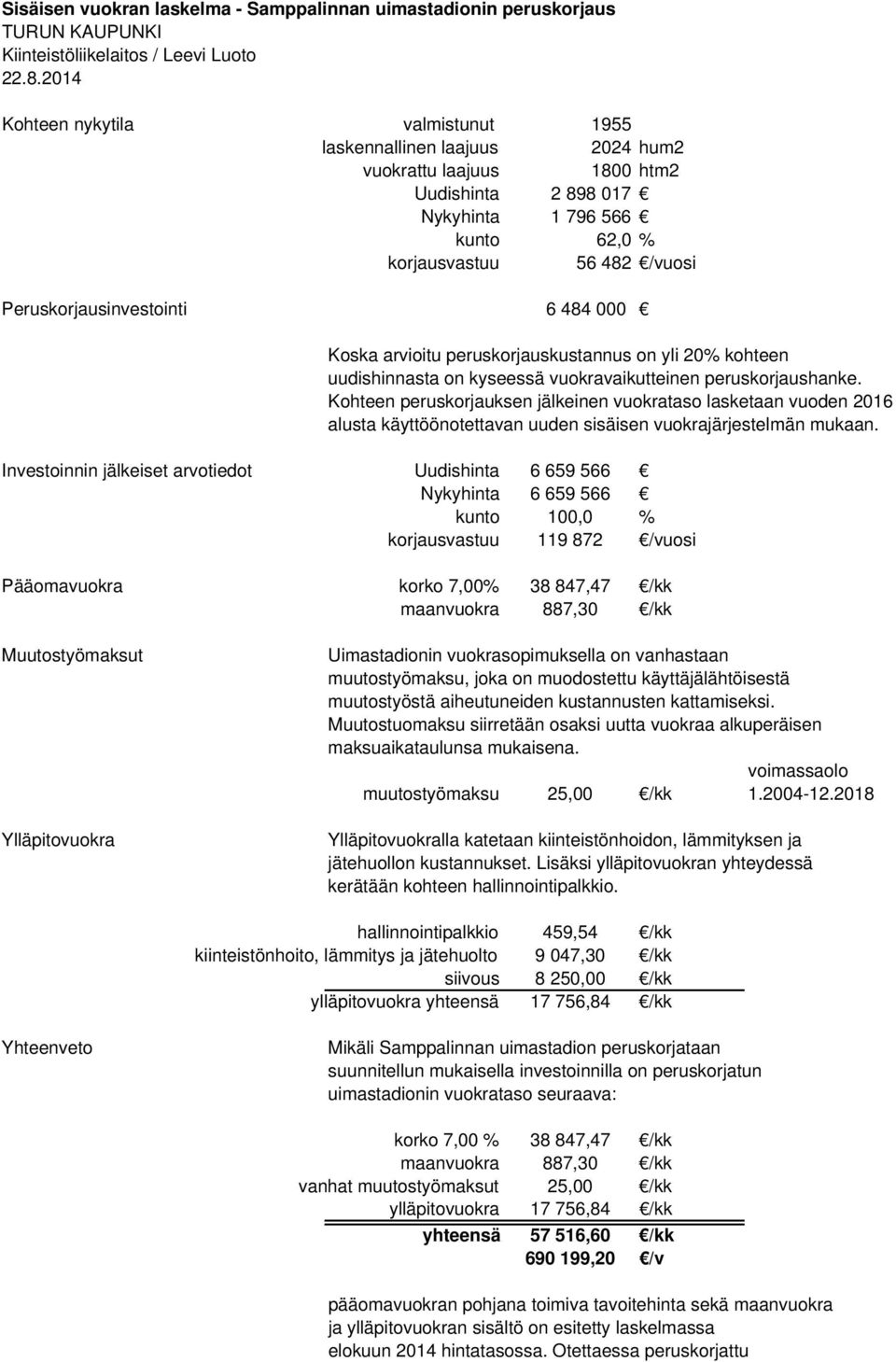 Peruskorjausinvestointi 6 484 000 Koska arvioitu peruskorjauskustannus on yli 20% kohteen uudishinnasta on kyseessä vuokravaikutteinen peruskorjaushanke.