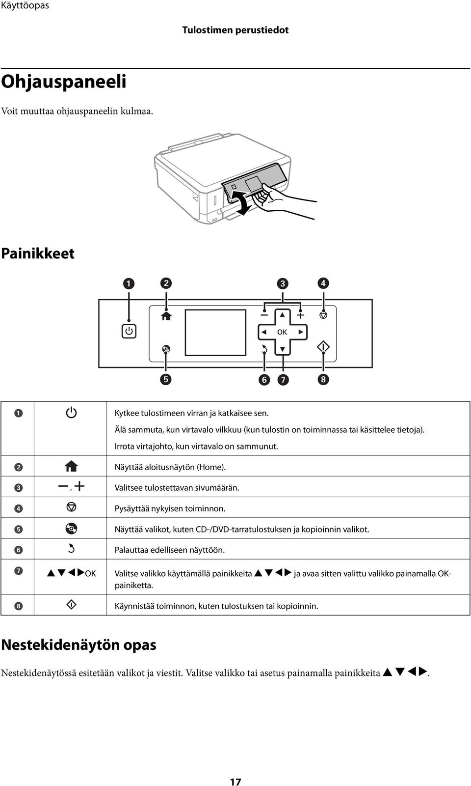 Valitsee tulostettavan sivumäärän. Pysäyttää nykyisen toiminnon. Näyttää valikot, kuten CD-/DVD-tarratulostuksen ja kopioinnin valikot. Palauttaa edelliseen näyttöön.