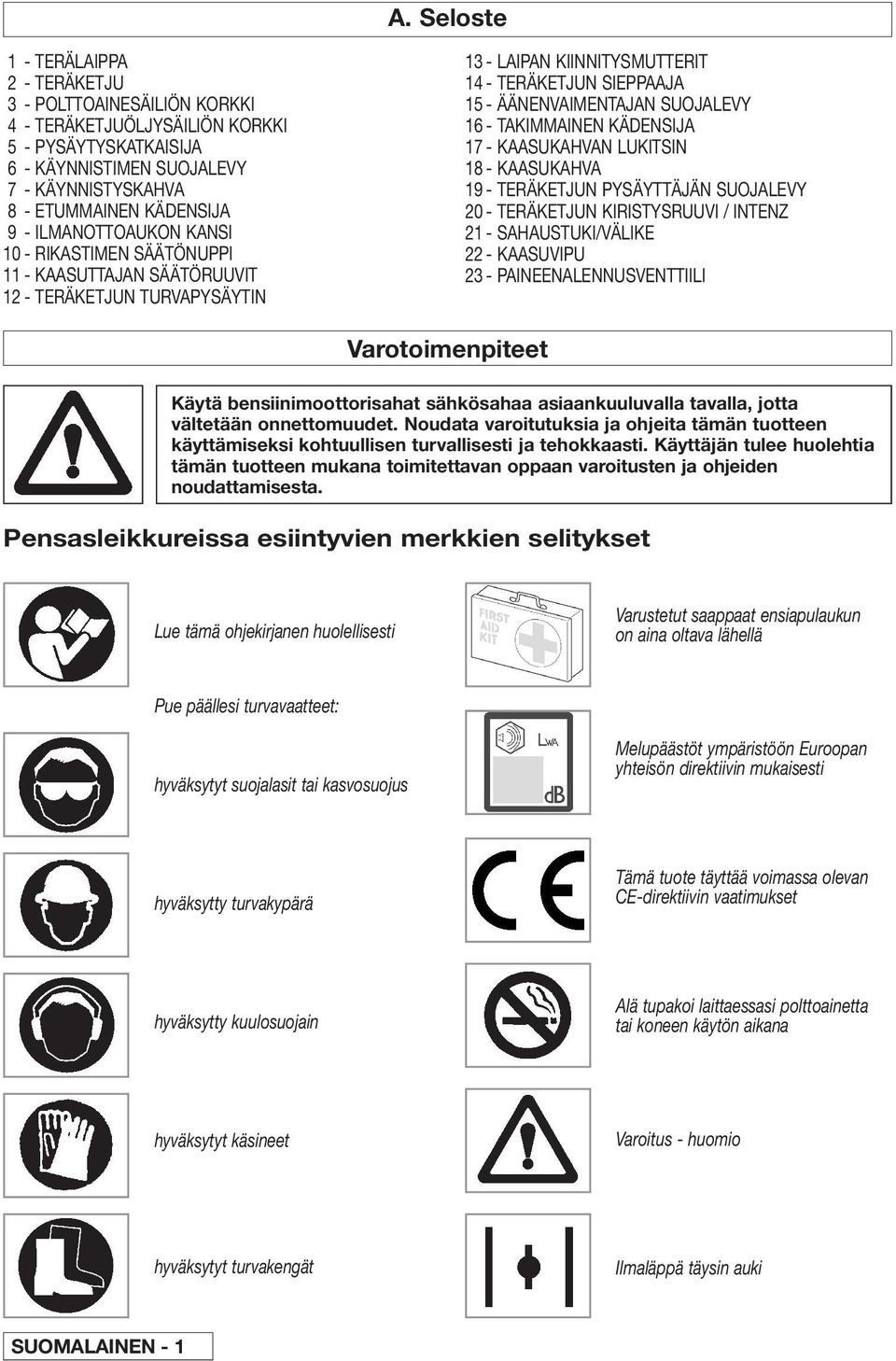 TAKIMMAINEN KÄDENSIJA 17 - KAASUKAHVAN LUKITSIN 18 - KAASUKAHVA 19 - TERÄKETJUN PYSÄYTTÄJÄN SUOJALEVY 20 - TERÄKETJUN KIRISTYSRUUVI / INTENZ 21 - SAHAUSTUKI/VÄLIKE 22 - KAASUVIPU 23 -
