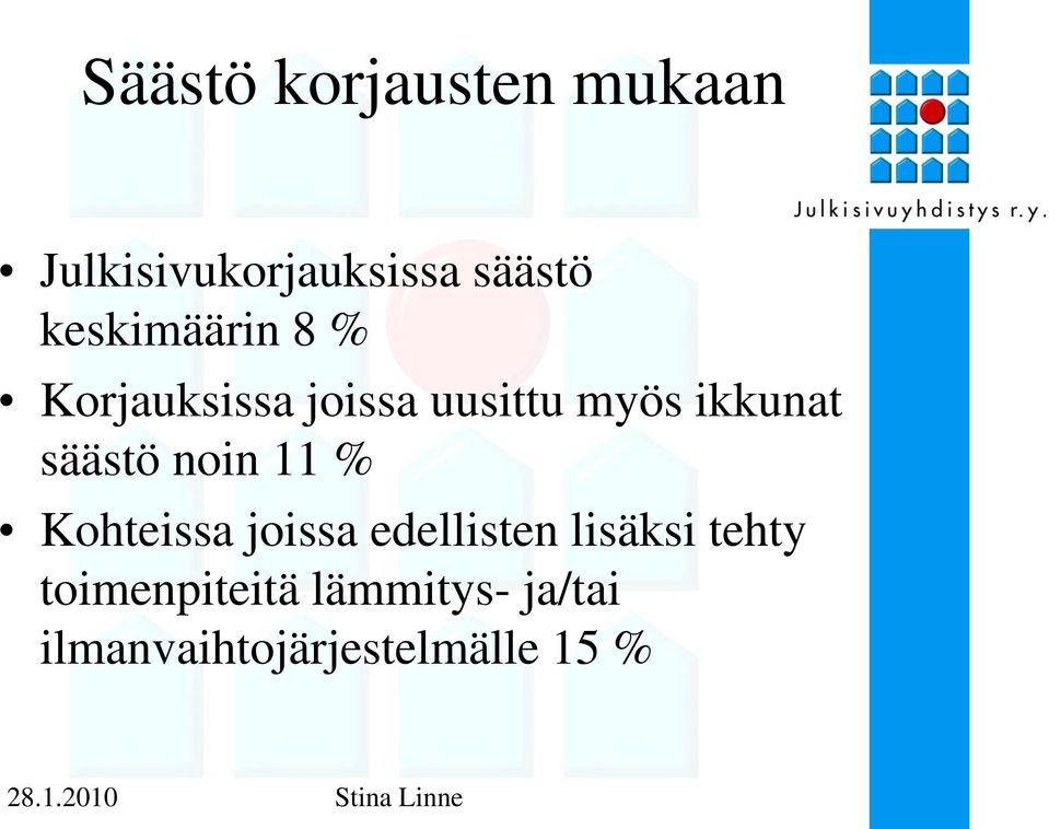 säästö noin 11 % Kohteissa joissa edellisten lisäksi