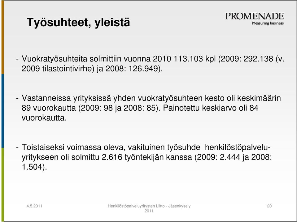 - Vastanneissa yrityksissä yhden vuokratyösuhteen kesto oli keskimäärin 89 vuorokautta (2009: 98 ja 2008: 85).