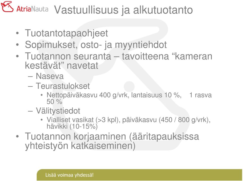 g/vrk, lantaisuus 10 %, 1 rasva 50 % Välitystiedot Vialliset vasikat (>3 kpl), päiväkasvu