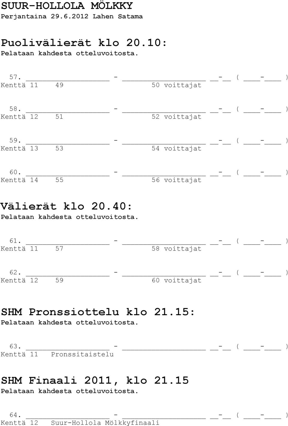 - - ( - ) Kenttä 11 57 58 voittajat 62. - - ( - ) Kenttä 12 59 60 voittajat SHM Pronssiottelu klo 21.15: Pelataan kahdesta otteluvoitosta. 63.