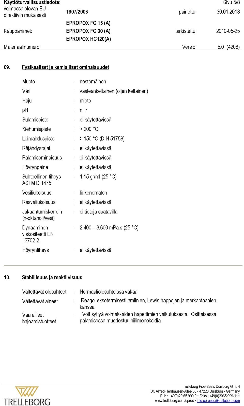 Suhteellinen tiheys : 1,15 gr/ml (25 C) ASTM D 1475 Vesiliukoisuus : liukenematon Rasvaliukoisuus : ei käytettävissä Jakaantumiskerroin : ei tietoja saatavilla (n-oktanoli/vesi) Dynaaminen : 2.400 3.