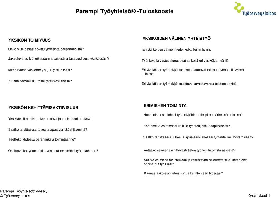 Työnjako ja vastuualueet ovat selkeitä eri yksiköiden välillä. Eri yksiköiden työntekijät tukevat ja auttavat toisiaan työhön liittyvissä asioissa.