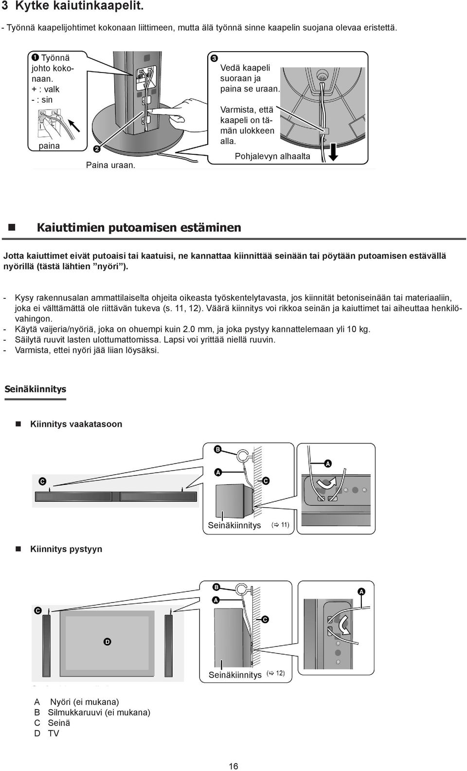 Pohjalevyn alhaalta Kaiuttimien putoamisen estäminen Jotta kaiuttimet eivät putoaisi tai kaatuisi, ne kannattaa kiinnittää seinään tai pöytään putoamisen estävällä nyörillä (tästä lähtien nyöri ).