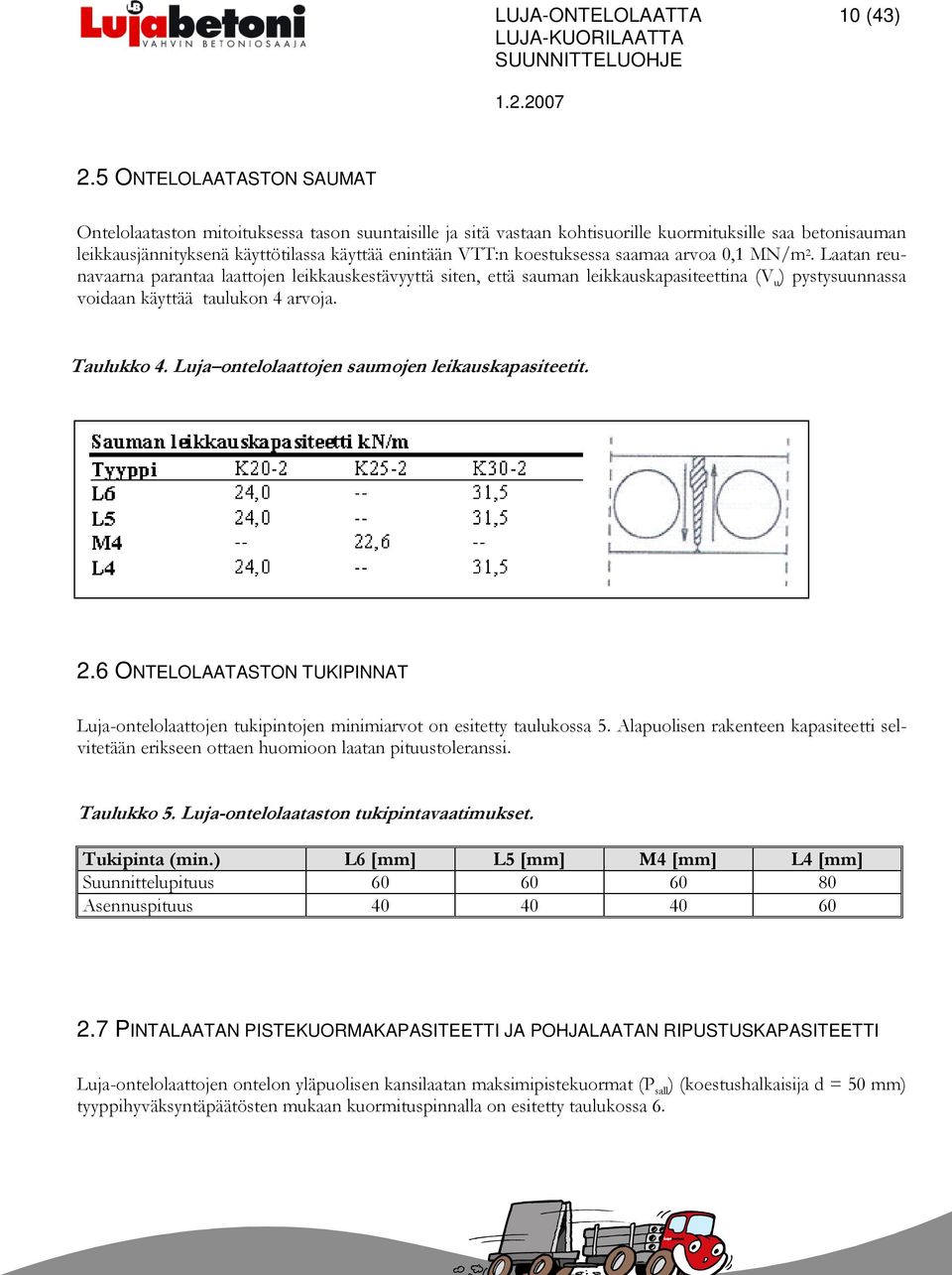 koestuksessa saamaa arvoa 0,1 MN/m 2. Laatan reunavaarna parantaa laattojen leikkauskestävyyttä siten, että sauman leikkauskapasiteettina (V u ) pystysuunnassa voidaan käyttää taulukon 4 arvoja.