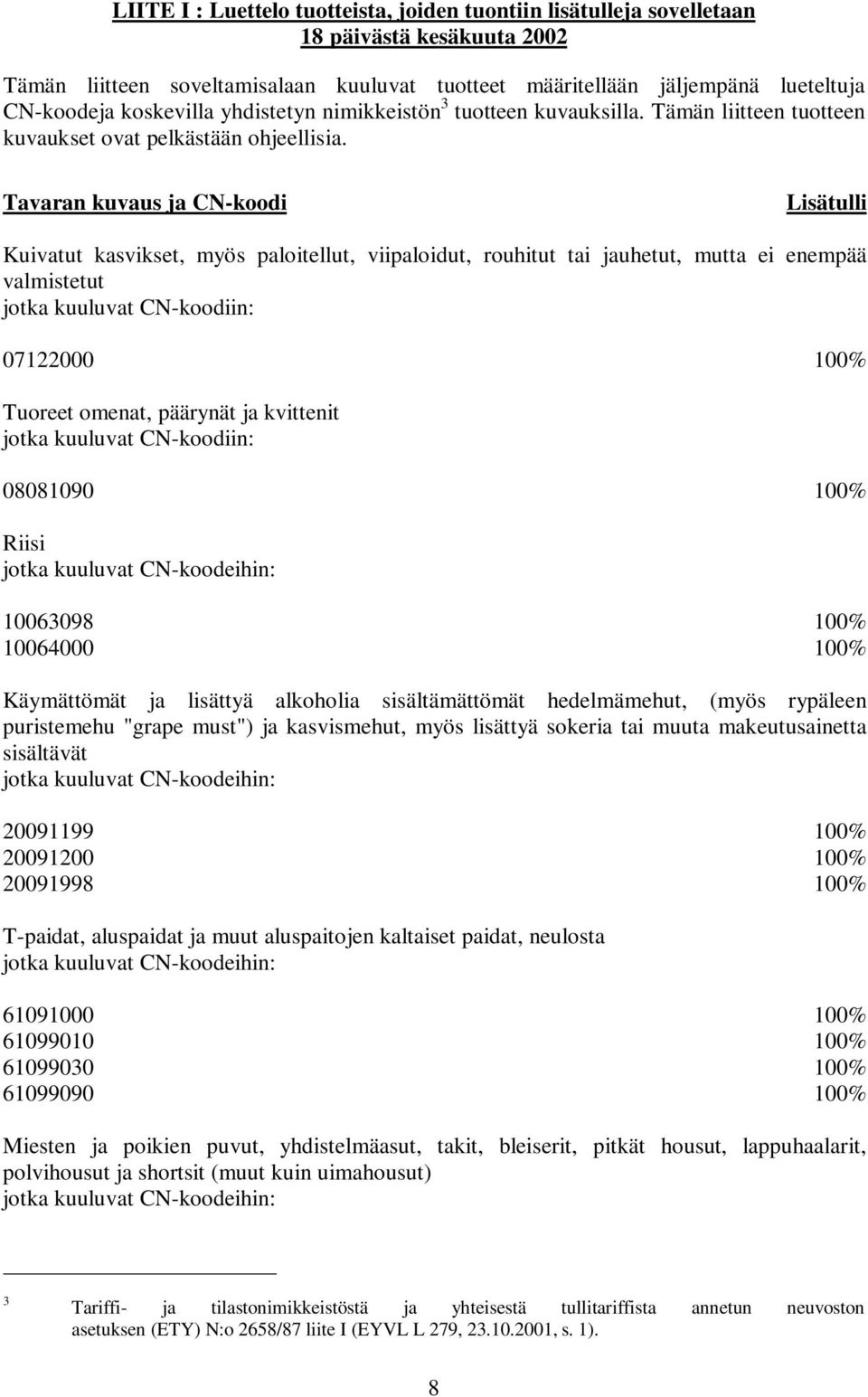 Tavaran kuvaus ja CN-koodi Lisätulli Kuivatut kasvikset, myös paloitellut, viipaloidut, rouhitut tai jauhetut, mutta ei enempää valmistetut jotka kuuluvat CN-koodiin: 07122000 100% Tuoreet omenat,