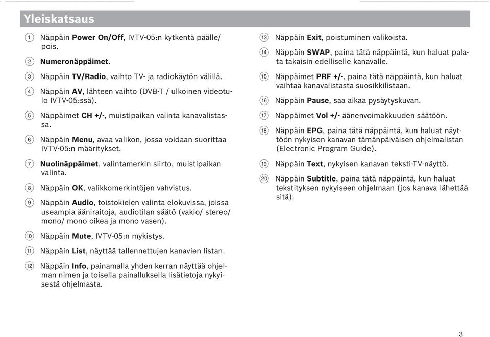 6 Näppäin Menu, avaa valikon, jossa voidaan suorittaa IVTV-05:n määritykset. 7 Nuolinäppäimet, valintamerkin siirto, muistipaikan valinta. 8 Näppäin, valikkomerkintöjen vahvistus.