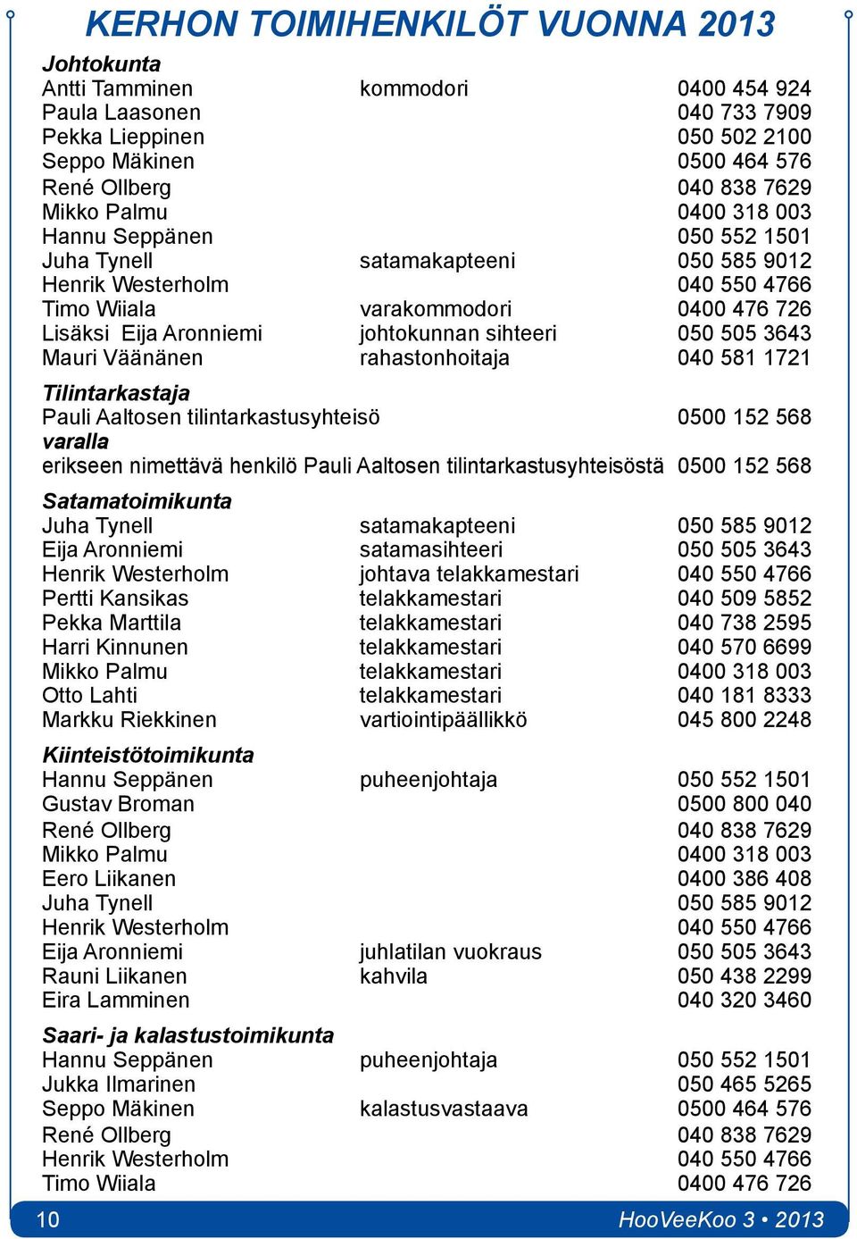 sihteeri 050 505 3643 Mauri Väänänen rahastonhoitaja 040 581 1721 Tilintarkastaja Pauli Aaltosen tilintarkastusyhteisö 0500 152 568 varalla erikseen nimettävä henkilö Pauli Aaltosen