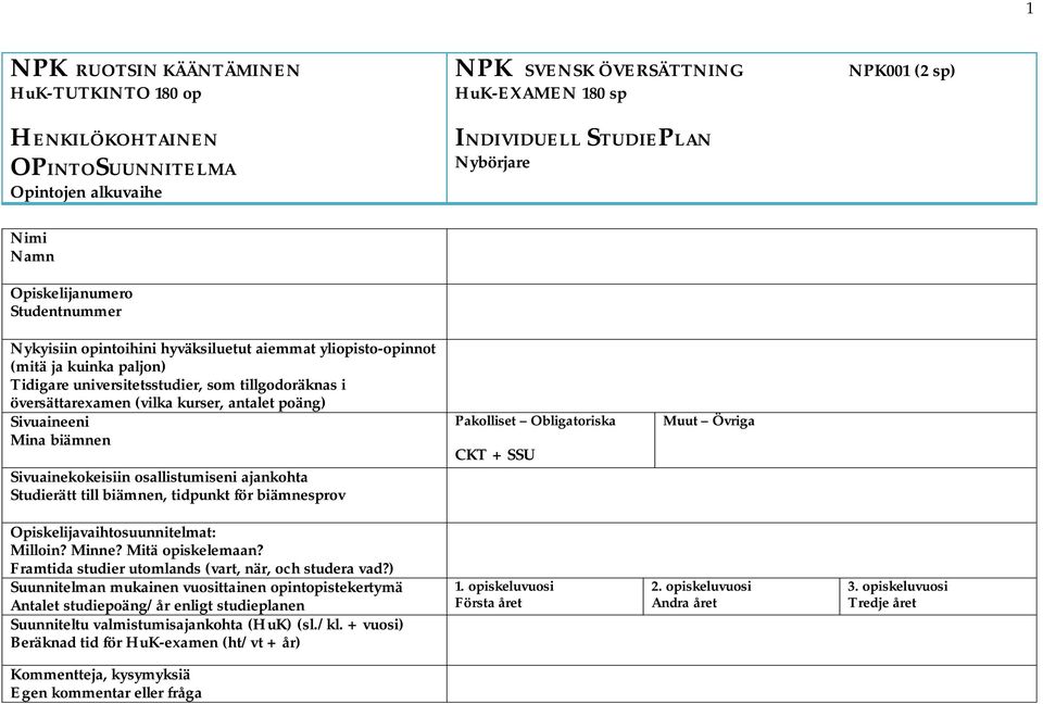 antalet poäng) Sivuaineeni Mina biämnen Sivuainekokeisiin osallistumiseni ajankohta Studierätt till biämnen, tidpunkt för biämnesprov Pakolliset Obligatoriska CKT + SSU Muut Övriga