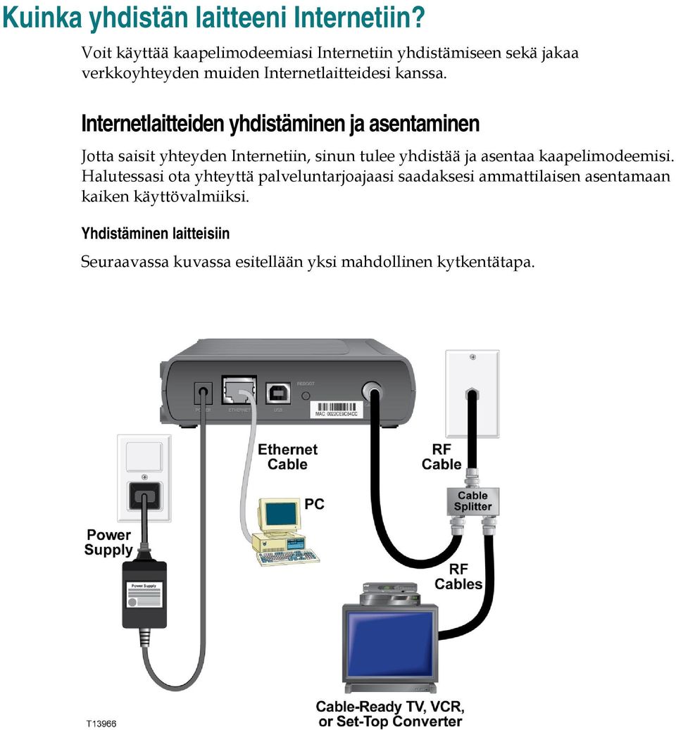 Internetlaitteiden yhdistäminen ja asentaminen Jotta saisit yhteyden Internetiin, sinun tulee yhdistää ja asentaa