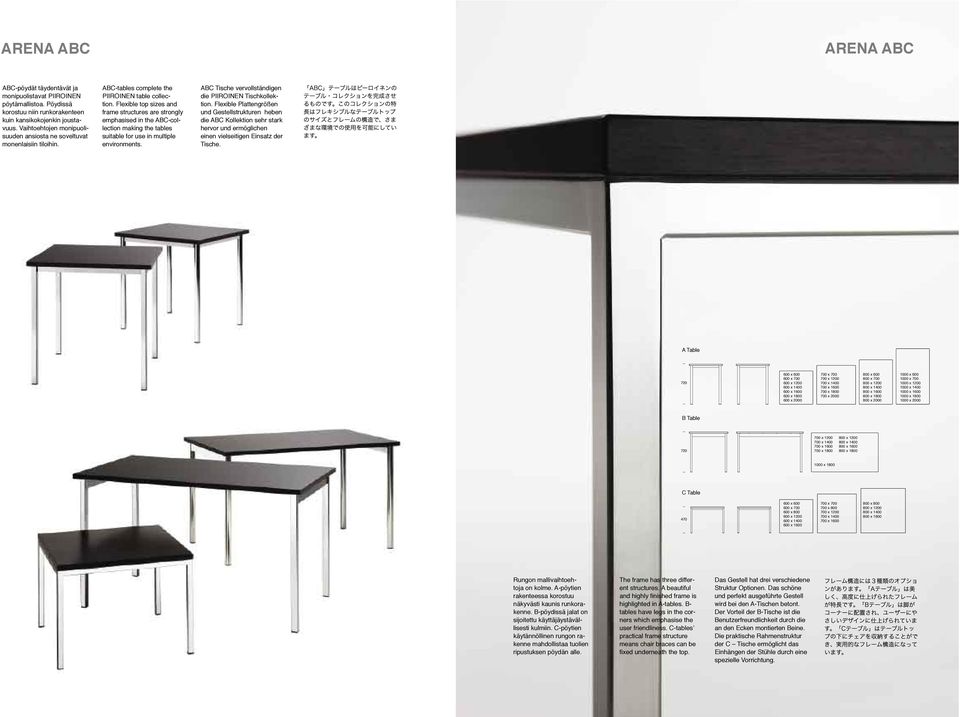 Flexible top sizes and frame structures are strongly emphasised in the ABC-collection making the tables suitable for use in multiple environments.