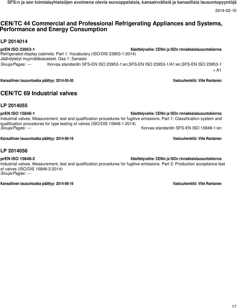 Osa 1: Sanasto Korvaa standardin SFS-EN ISO 23953-1:en,SFS-EN ISO 23953-1/A1:en,SFS-EN ISO 23953-1 + A1 Kansallinen lausuntoaika päättyy: 2014-05-30 Vastuuhenkilö: Ville Rantanen CEN/TC 69 Industrial