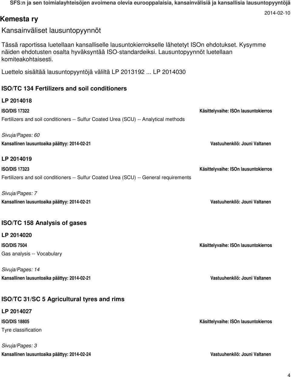 .. LP 2014030 ISO/TC 134 Fertilizers and soil conditioners LP 2014018 ISO/DIS 17322 Fertilizers and soil conditioners -- Sulfur Coated Urea (SCU) -- Analytical methods Sivuja/Pages: 60 Kansallinen