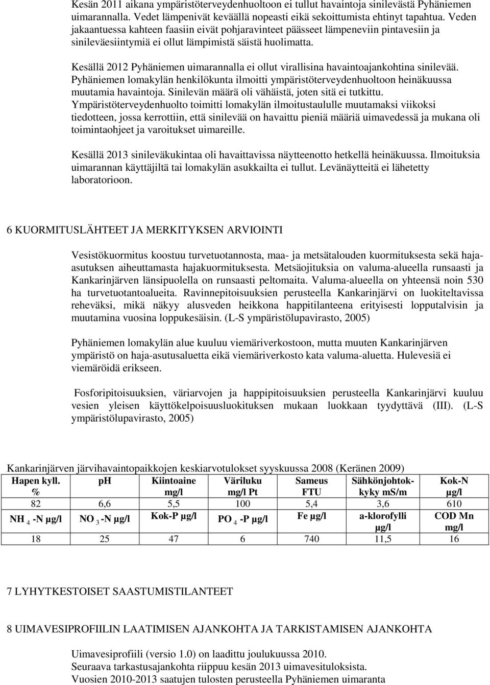 Kesällä 2012 Pyhäniemen uimarannalla ei ollut virallisina havaintoajankohtina sinilevää. Pyhäniemen lomakylän henkilökunta ilmoitti ympäristöterveydenhuoltoon heinäkuussa muutamia havaintoja.