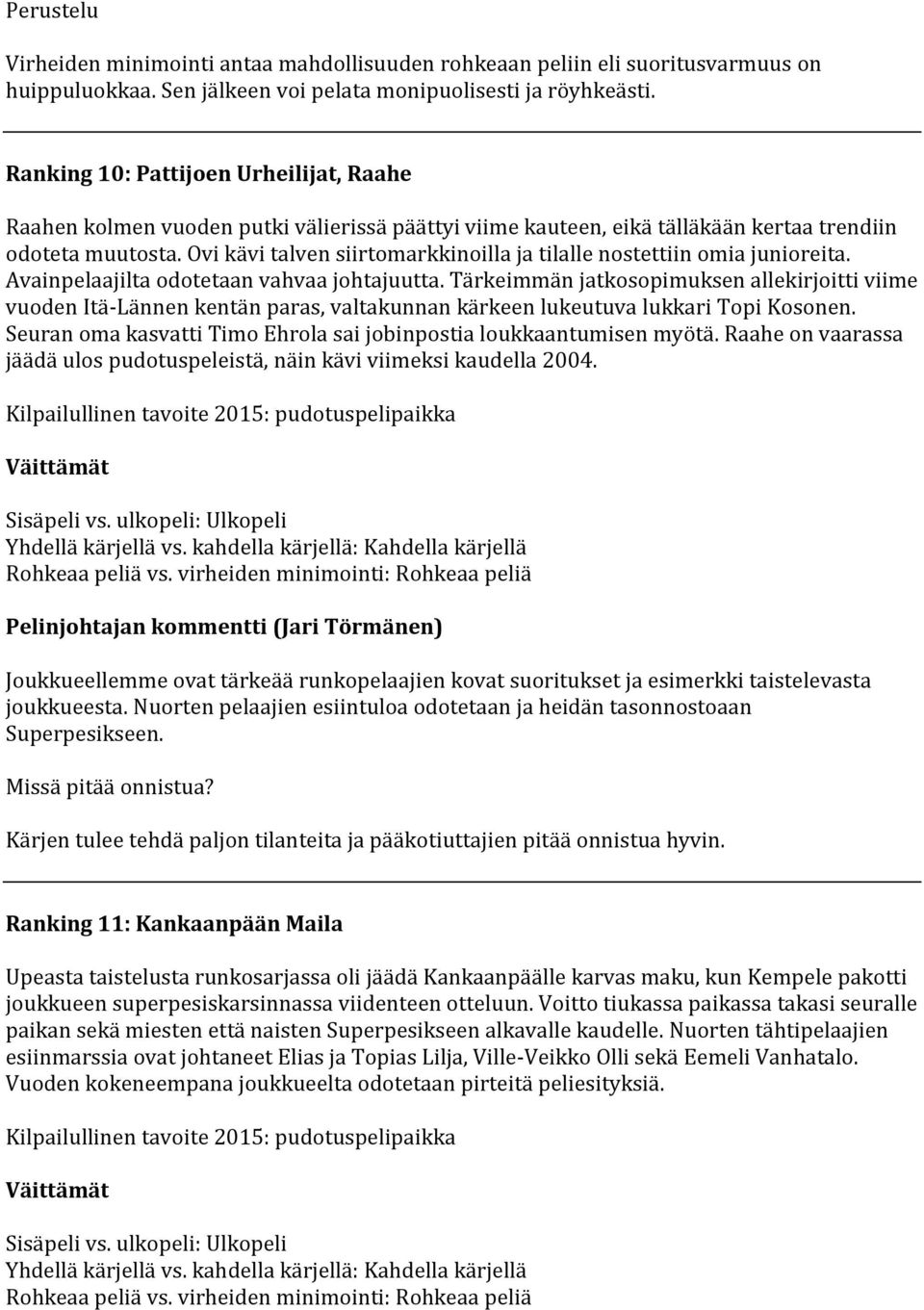 Ovi kävi talven siirtomarkkinoilla ja tilalle nostettiin omia junioreita. Avainpelaajilta odotetaan vahvaa johtajuutta.