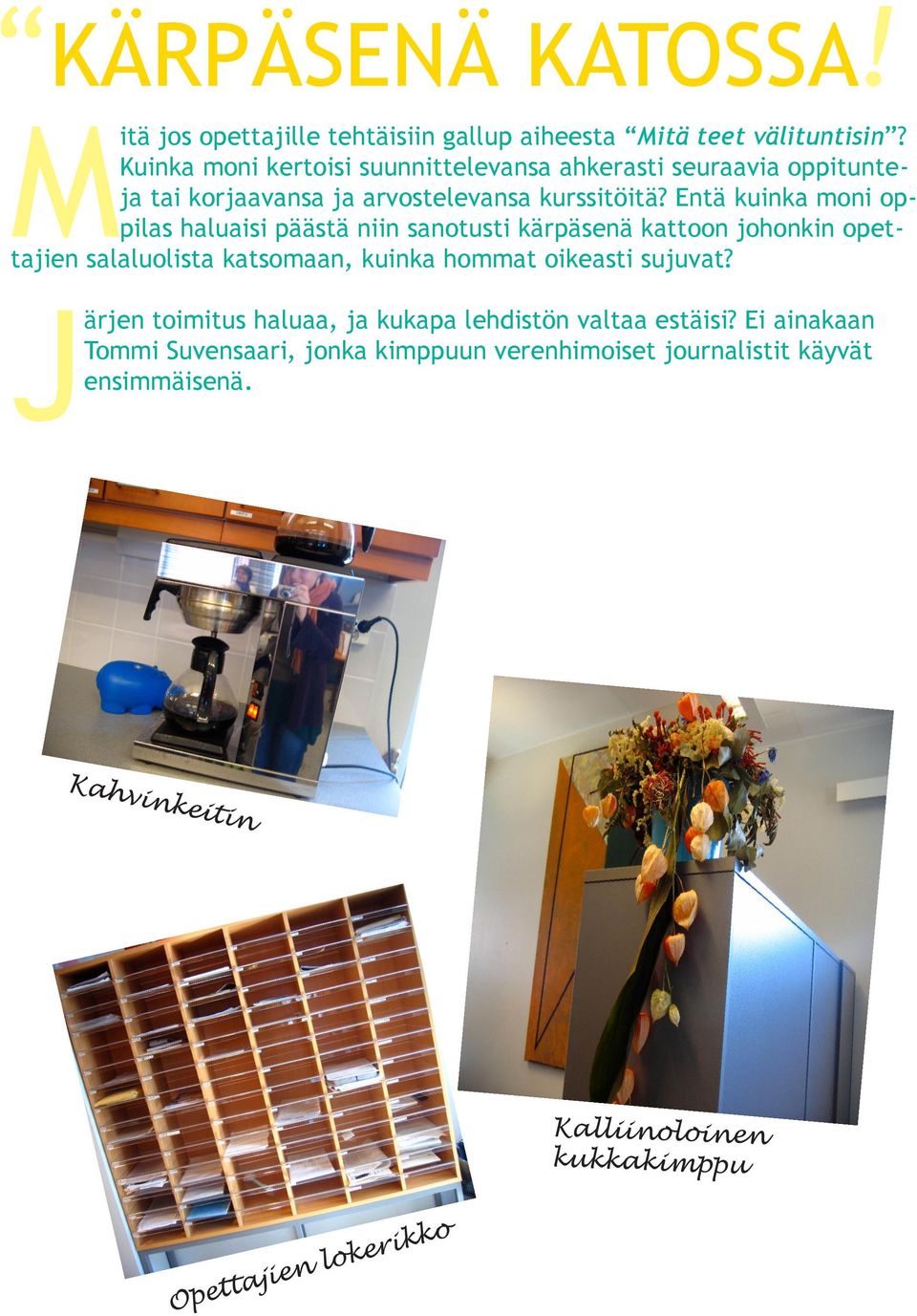 Entä kuinka moni oppilas haluaisi päästä niin sanotusti kärpäsenä kattoon johonkin opettajien salaluolista katsomaan, kuinka hommat oikeasti