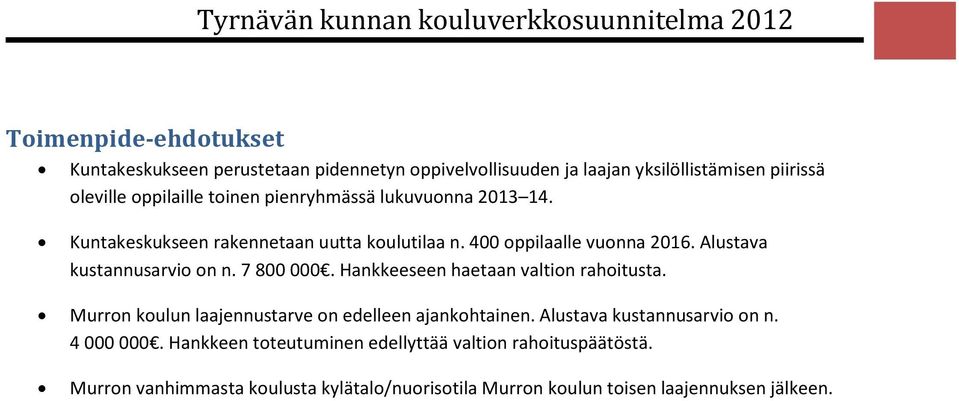 7 800 000. Hankkeeseen haetaan valtion rahoitusta. Murron koulun laajennustarve on edelleen ajankohtainen. Alustava kustannusarvio on n.