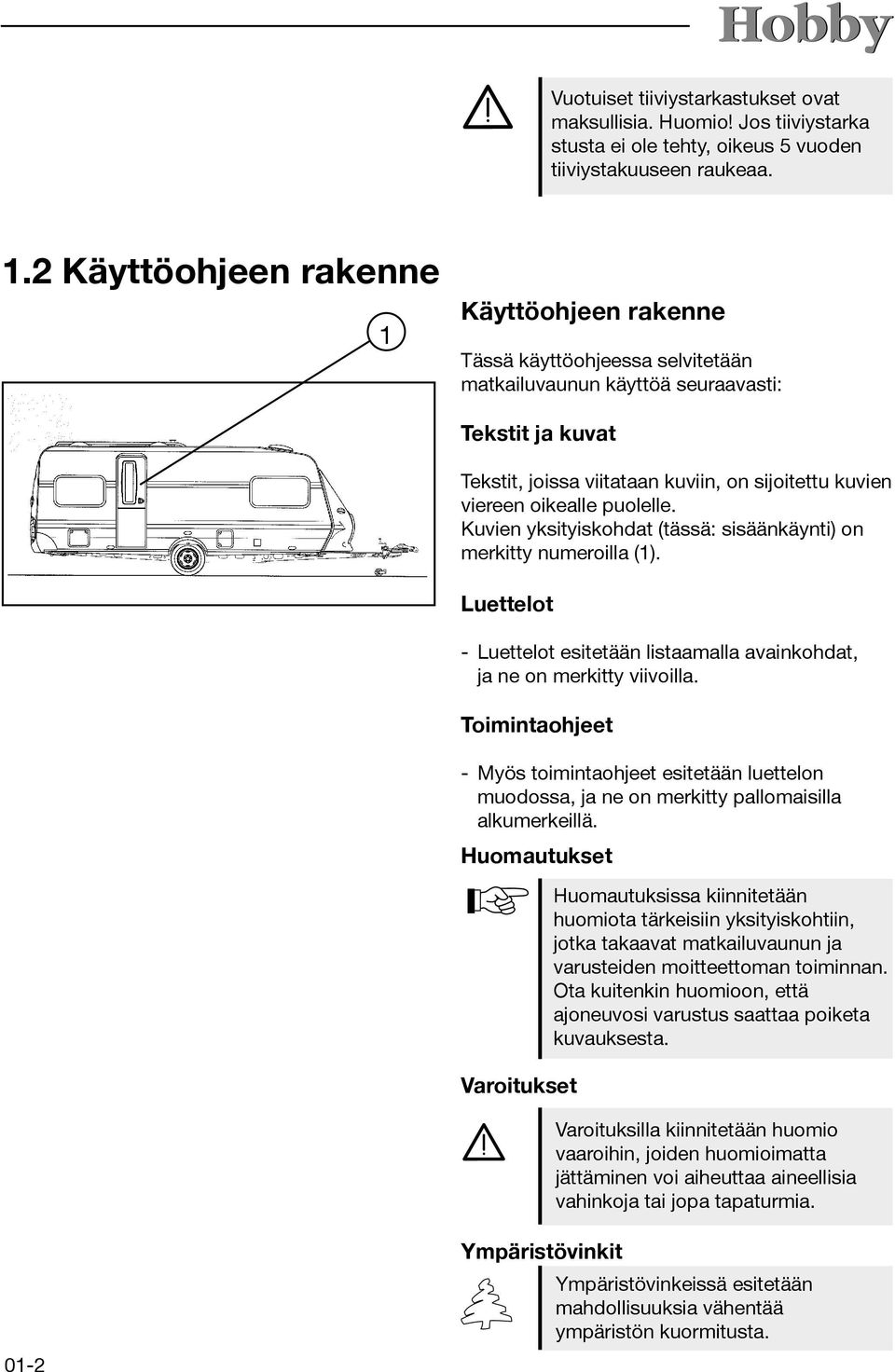 oikealle puolelle. Kuvien yksityiskohdat (tässä: sisäänkäynti) on merkitty numeroilla (1). Luettelot - Luettelot esitetään listaamalla avainkohdat, ja ne on merkitty viivoilla.