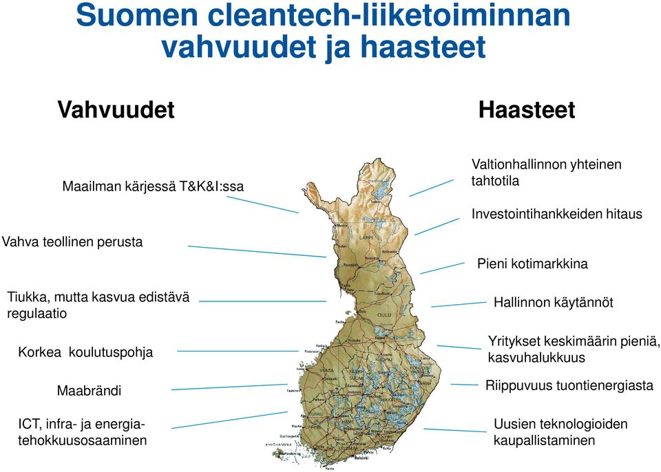 Tiukka, mutta kasvua edistävä regulaatio Korkea koulutuspohja Maabrändi ICT, infra- ja energiatehokkuusosaaminen