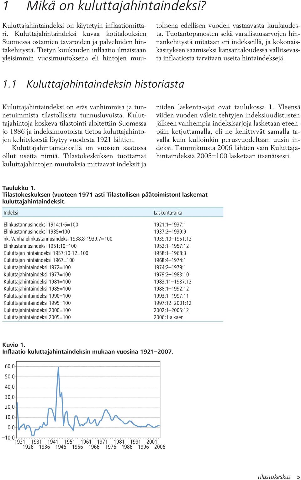 Tuotantopanosten sekä varallisuusarvojen hinnankehitystä mitataan eri indekseillä, ja kokonaiskäsityksen saamiseksi kansantaloudessa vallitsevasta inflaatiosta tarvitaan useita hintaindeksejä. 1.