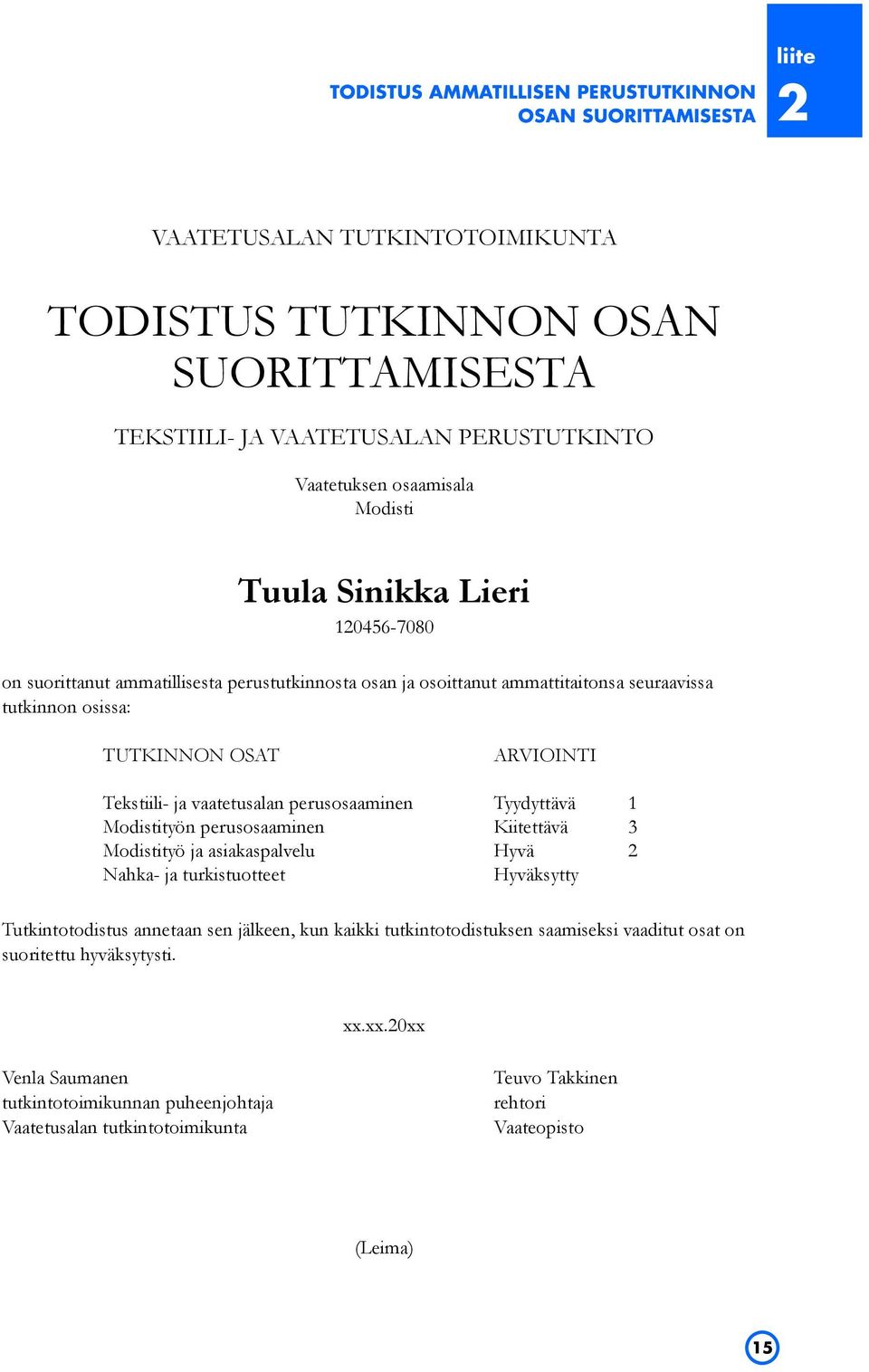 ja vaatetusalan perusosaaminen Tyydyttävä 1 Modistityön perusosaaminen Kiitettävä 3 Modistityö ja asiakaspalvelu Hyvä 2 Nahka- ja turkistuotteet Tutkintotodistus annetaan sen jälkeen, kun kaikki