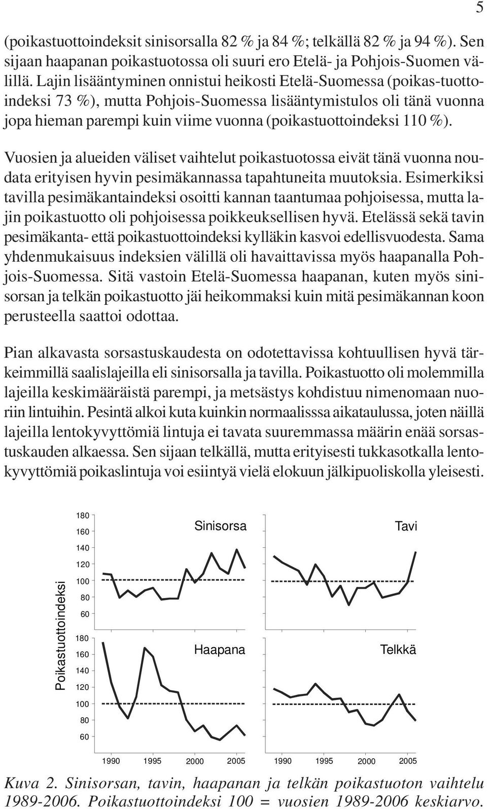 110 %). Vuosien ja alueiden väliset vaihtelut poikastuotossa eivät tänä vuonna noudata erityisen hyvin pesimäkannassa tapahtuneita muutoksia.