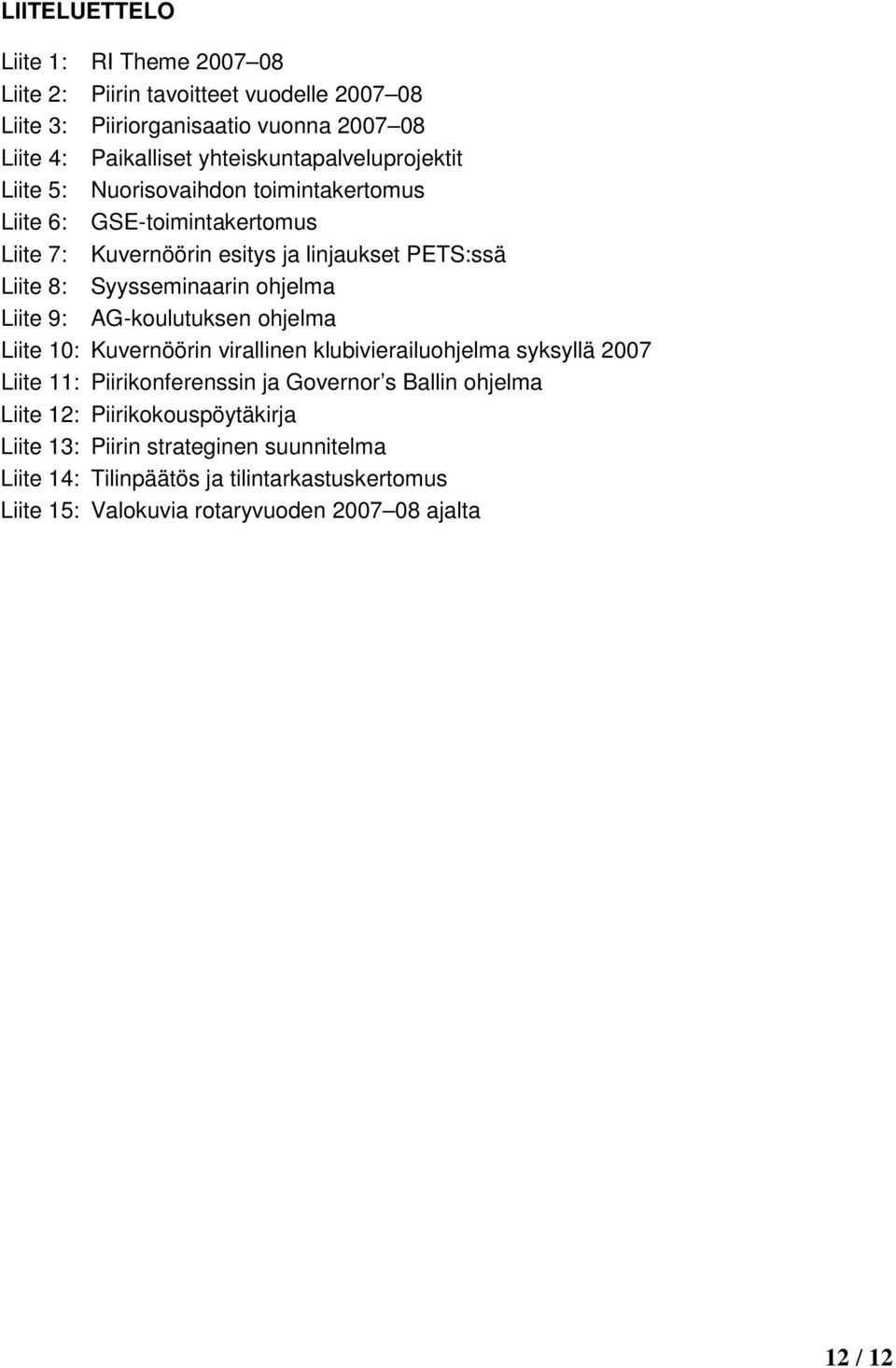 Syysseminaarin ohjelma Liite 9: AG-koulutuksen ohjelma Liite 10: Kuvernöörin virallinen klubivierailuohjelma syksyllä 2007 Liite 11: Piirikonferenssin ja Governor s