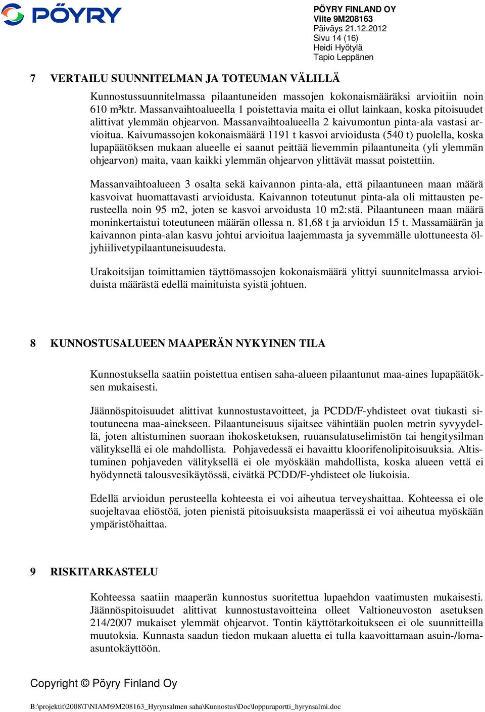 Massanvaihtoalueella 1 poistettavia maita ei ollut lainkaan, koska pitoisuudet alittivat ylemmän ohjearvon. Massanvaihtoalueella 2 kaivumontun pinta-ala vastasi arvioitua.