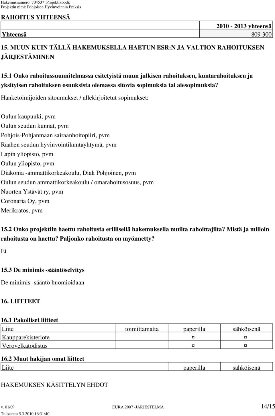 Hanketoimijoiden sitoumukset / allekirjoitetut sopimukset: Oulun kaupunki, pvm Oulun seudun kunnat, pvm Pohjois-Pohjanmaan sairaanhoitopiiri, pvm Raahen seudun hyvinvointikuntayhtymä, pvm Lapin