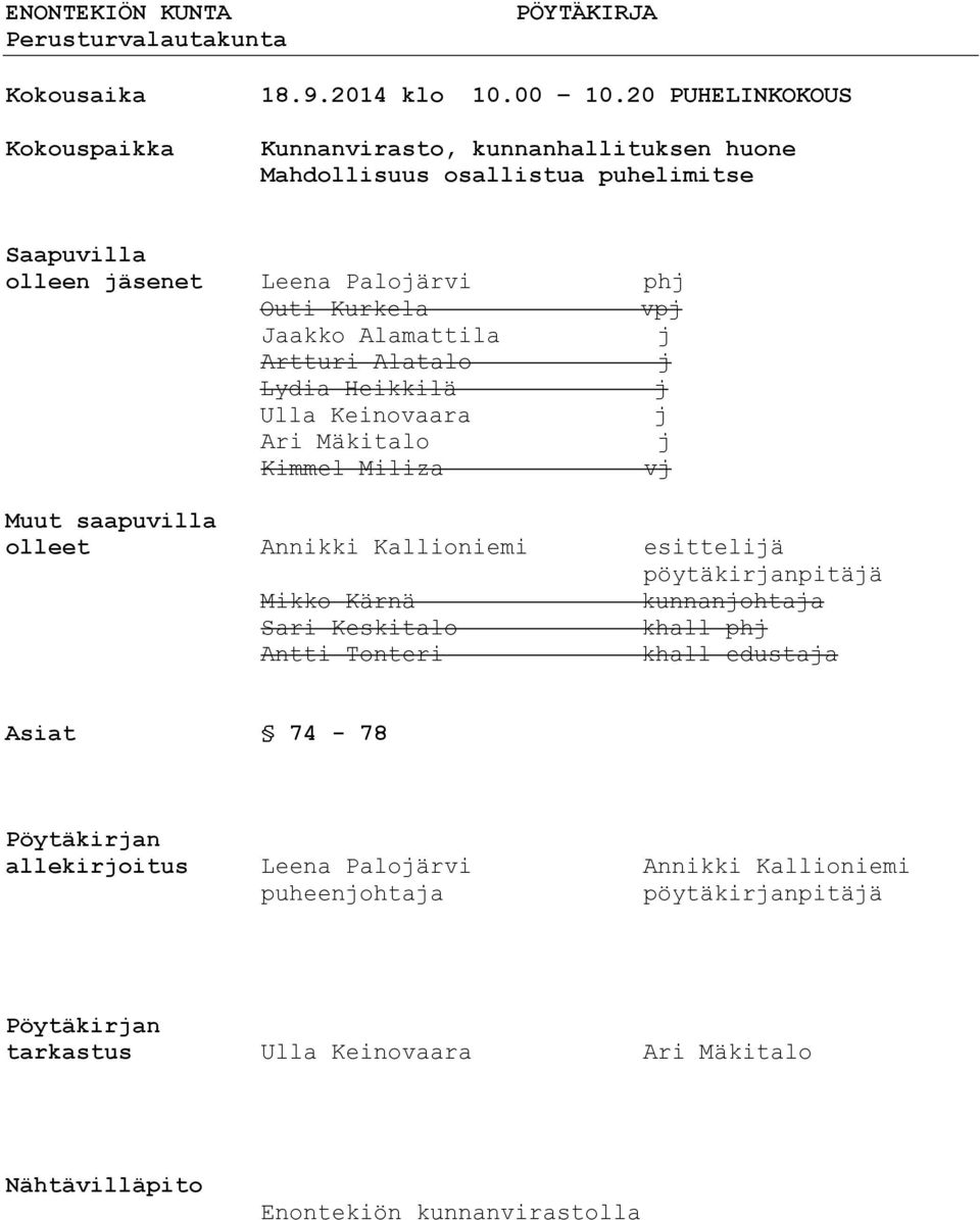 Alamattila Artturi Alatalo Lydia Heikkilä Ulla Keinovaara Ari Mäkitalo Kimmel Miliza v Muut saapuvilla olleet Annikki Kallioniemi esitteliä pöytäkiranpitää Mikko